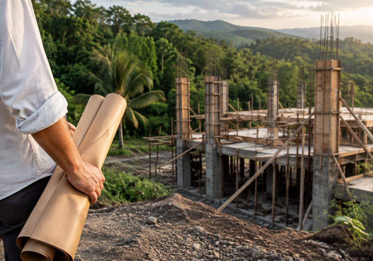 Arquitecto con planos frente a una obra en construcción en Costa Rica